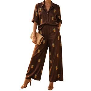 VTG Silkland Embroidered Beaded Fruit Print Top & Pants Medium Brown 70s Resort